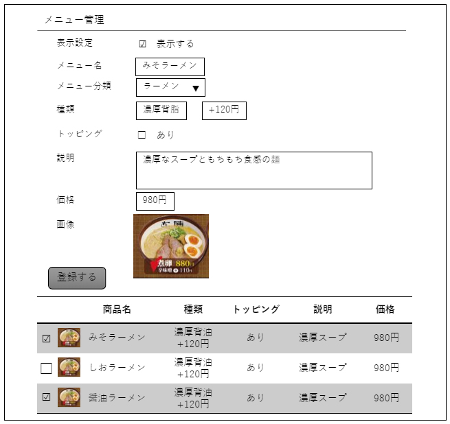 商品登録の画面